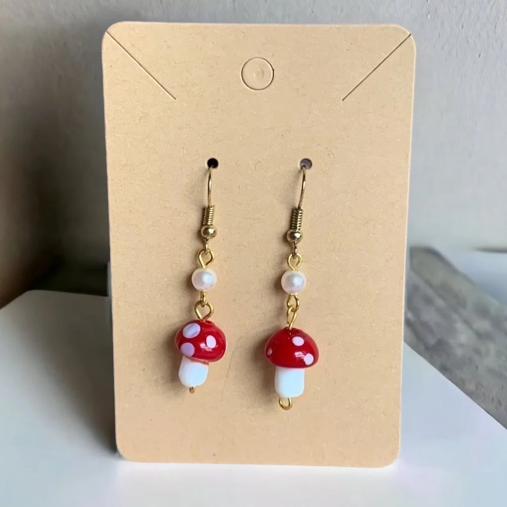 Handmade Mushroom and Pearl Dangle Earrings